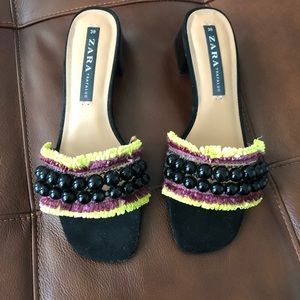 Zara beaded fringe mules slides mid heel boho